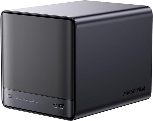 MINISFORUM Desktop NAS N5 Pro 5 Bay, AMD Ryzen AI 9 HX PRO 370(12C/24T),96GB ECC DDR5,128GB SSD,1*10Gbe,1*5Gbe,2*USB4(8K),8K HDMI,1xM.2 Slot & 2xU.2/M.2 Slots up to 188TB, Network Attached Storage