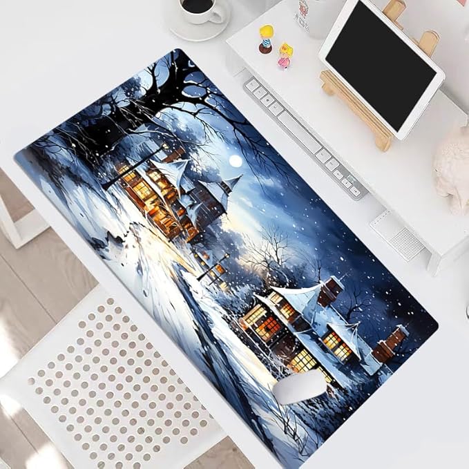 HVEST Winter Mouse Pad for Desk, Winter Snow Scene Desk Mat XL,Large Keyboard and Mouse Pad with Non-Slip Rubber Base and Stitched Edge for Game, Office, Home 31.5'' x 15.7''