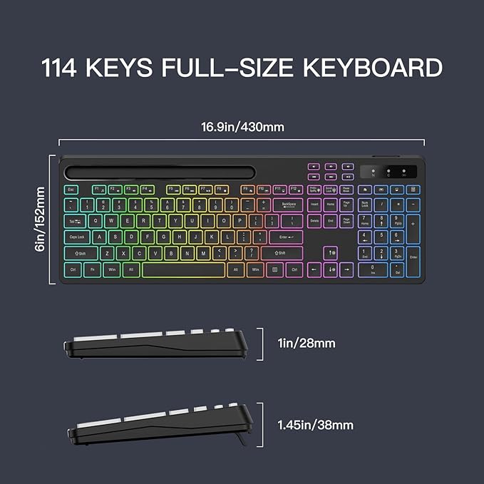 Wireless Keyboard with 7-Color RGB Backlit, Full-Size Computer Keyboard with Phone Tablet Holder, 2.4G Rechargeable Gaming Keyboard with Light Up Keys, Compatible with Mac, Windows (Black)