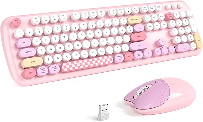 Retro Wireless Keyboard and Mouse Combo, SQMD Full-Size Office Typewriter Keyboard with Round Colorful Keycaps, 2.4G Cute Quiet Mouse for Windows PC, Home, Office, and College - Pink
