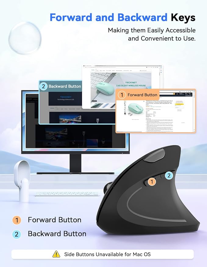 TECKNET Ergonomic Wireless Vertical Mouse, 4800 DPI with 5 Adjustable Levels, 2.4GHz Optical, 6 Buttons for Laptop, Desktop, PC, MacBook - Black