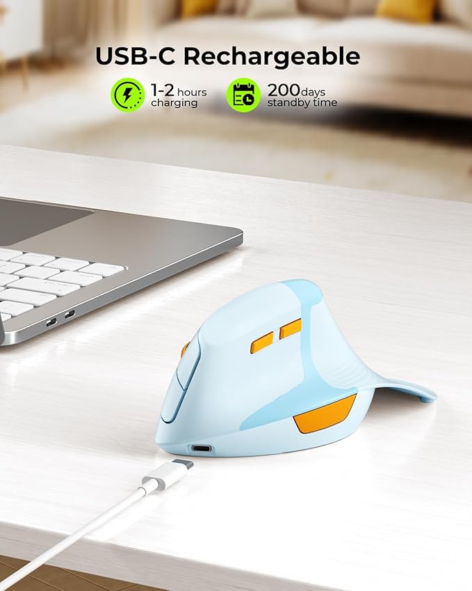 seenda Ergonomic Mouse Rechargeable, Multi-Device Connection（2.4G&Type C, Vertical Wireless Mouse with Instant Desktop Return Key, Palm Rest, Anti-Slip Optical Mice for Mac OS, Windows, Blue