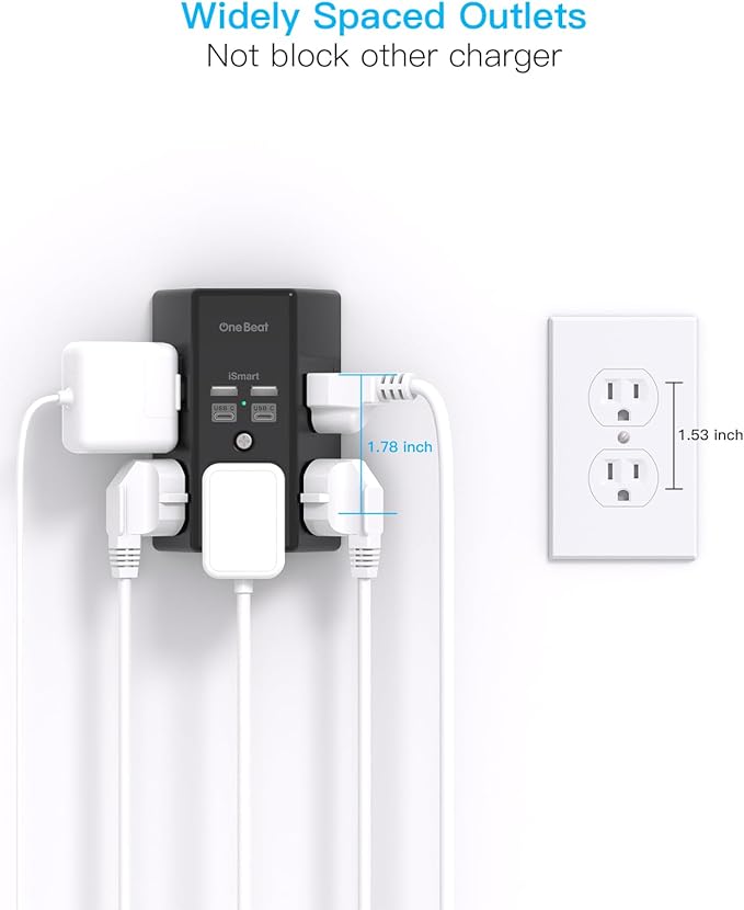 2 Pack Surge Protector, 5 Outlets Extender with 4 USB Ports(USB C), 3-Side 1680J Power Strip Multi Plug Outlet Expander, USB Wall Charger, Outlet Splitter Adapter Wall Mount for Home Office ETL Listed