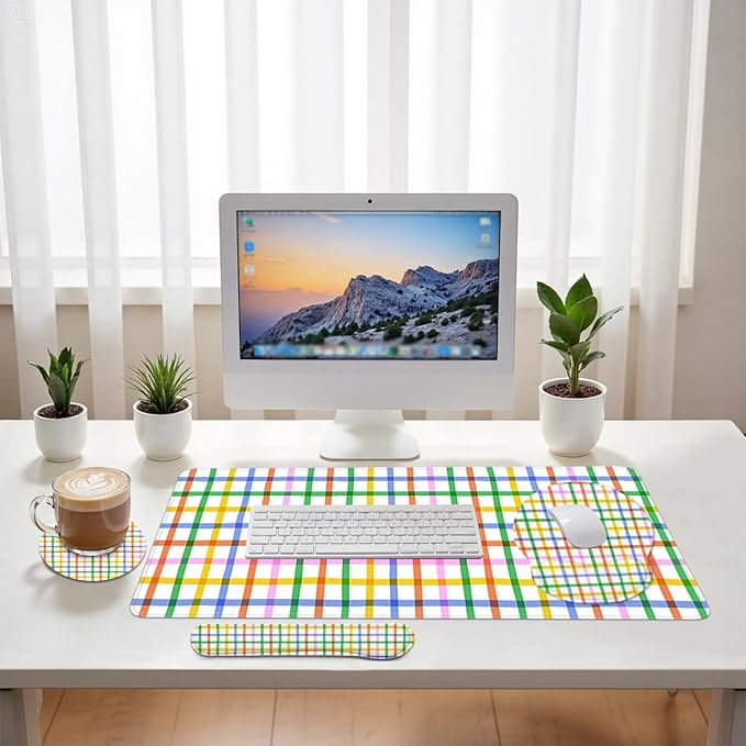 Plaid Mouse Pad Set Colorful Rainbow Checkered Seamless Gaming Mousepad 4in1 Desk Mat for Desktop Anti-Slip XXL Big Computer Ergonomic Mousepad with Wrist Support for Keyboard and Mouse
