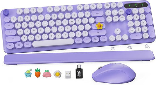 Wireless Keyboard and Mouse Combo, Round Keycaps, Full-Size Retro Typewriter Keyboard with Magnetic Wrist Rest, Sleep Mode & Tilt Legs, 2.4GHz Cordless Connection for Mac, Windows PC (Lilac Purple)