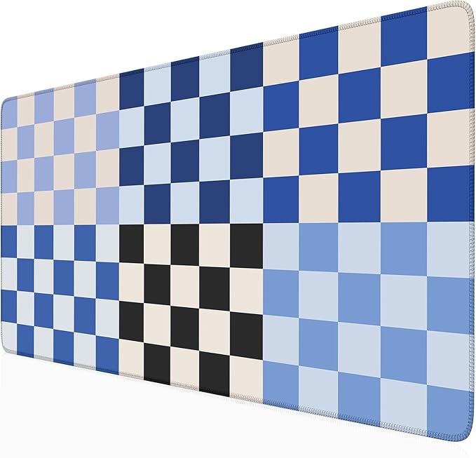 Checkered Desk Mat Blue Large Mouse Pad with Stitched Edges, XXL Keyboard Pad Mouse Mat for Computer Deor Desk Matt for Desktop 31.5 X 15.7In