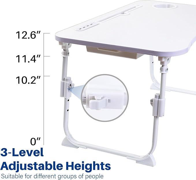 Laptop Desk for Bed, Height Adjustable Laptop Bed Table, Foldable Portable Lap Desk Stand with USB/Storage Drawer/Cup Holder/Slot, Breakfast Tray for Working Reading Writing Eating, White