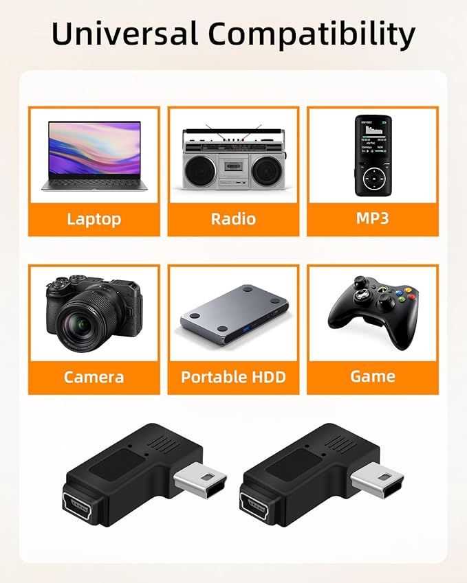 RIIEYOCA Mini USB 5 PIN Adapter,90 Degree Right and Right Angled Mini USB Male to Female Connector,Supports Charging and Data Transfer for Mobile Phones,Cameras,Laptops etc.(2Pack)
