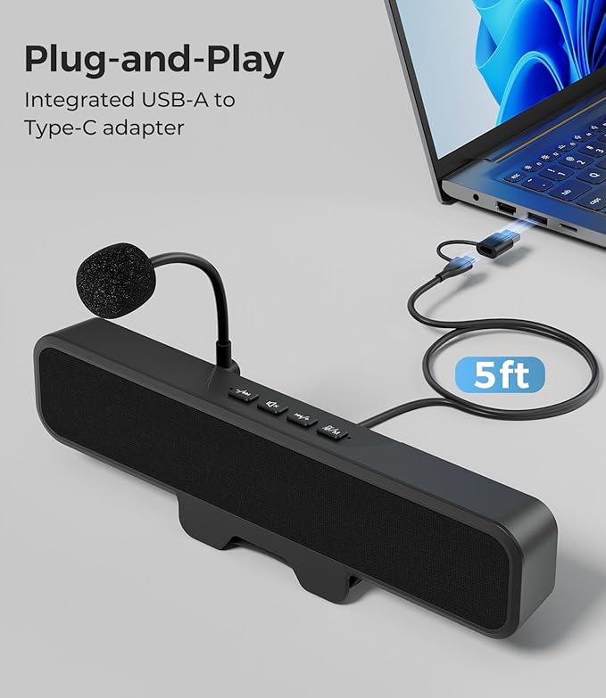 USB Computer Speakers with Detachable Microphone, Plug and Play Desktop Speaker with Monitor Clip, Stereo Sound & Bass, Suitable for PC, PS5, Switch 2 and Laptop