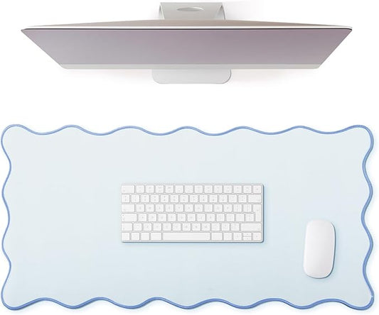 Scalloped Desk Mat Large Scalloped Piping Cute Desk Mat Aesthetic Preppy Table Pad Large Nonslip Pad with Edge Stitching Waterproof Gaming(Blue,23.62 x 13.78 Inches)