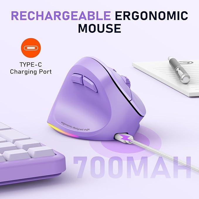 MEETION Left-Handed Mouse, Ergonomic Mouse Wireless Vertical Mouse, RGB Mice for Bluetooth(5.2 + 3.0) & USB-A with Type-C Adapter 4 Adjustable DPI for Mac/Windows/Tablet/iPad/PC Purple