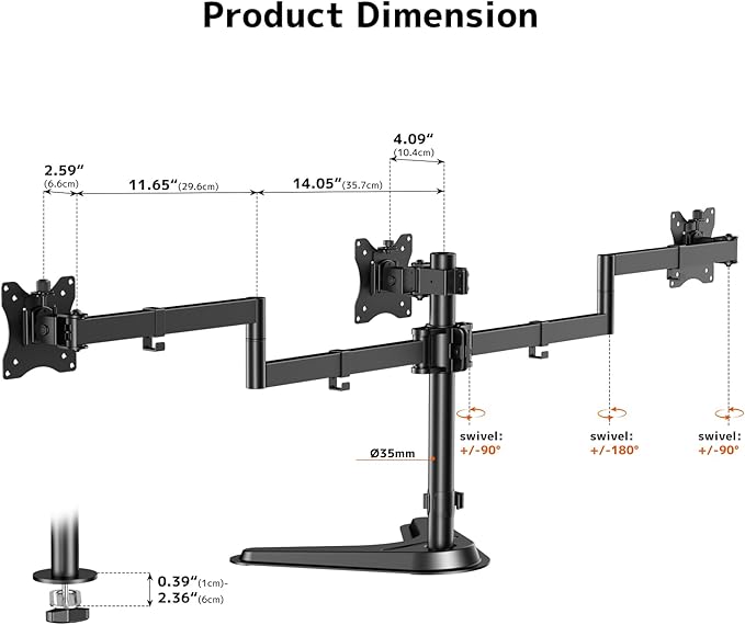 Triple Monitor Stand, Heavy Fully Adjustable Motion Mount Fits 3 Screens up to 27 inch, Free Standing Desk Stand with Base and Cable Management, 22 lbs Weight Capacity per Arm, Black