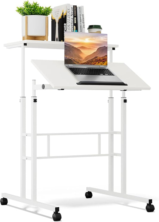 Athena Collection Height Adjustable Rolling Desk Mobile Portable Laptop Stand Cart Small Sit Standing Desk Computer Table Workstation for Home Office, White