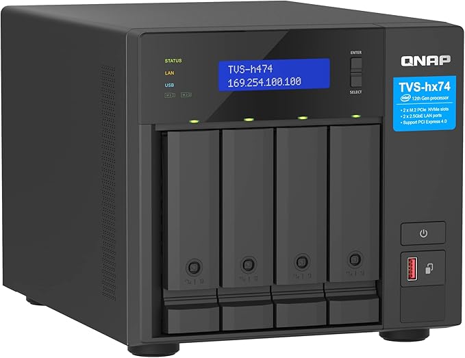 QNAP TVS-h474-PT-8G Intel Pentium Gold Processor, 8GB RAM, PCIe Gen 4 expandable NAS, Black, Rack Mount, Metal, Compatible with CPU