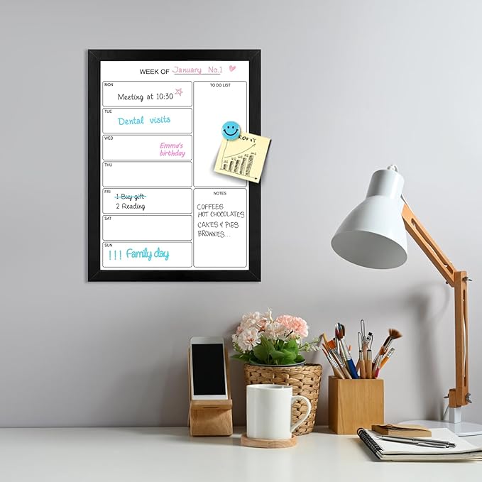 Weekly Dry Erase Whiteboard Calendar, 15.7"x11.8" Magnetic Surface Memo Board, Minimal Design Weekly Planner for Wall, Black Wood Frame Dry Erase Board for Office School Home(ZLBB-S-BK-3040)