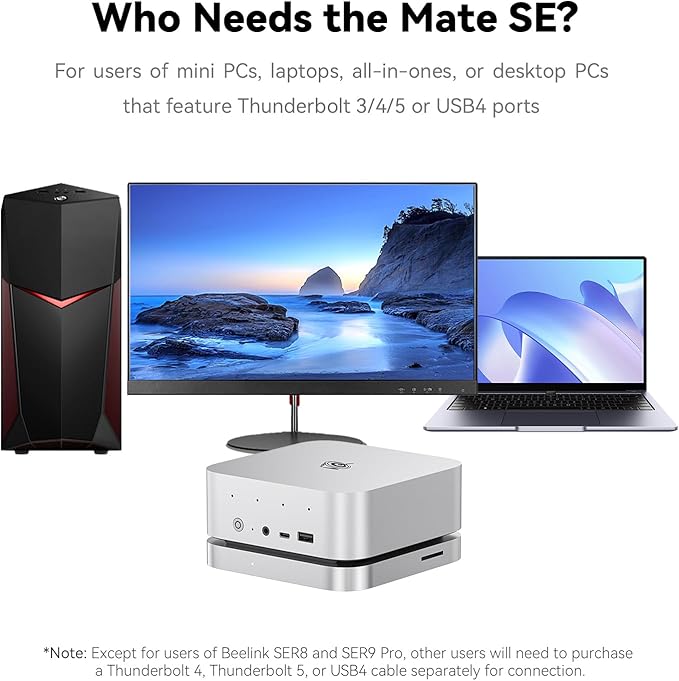 Beelink Mate SE-A Docking Stations for Beelink SER8/SER9 Pro Aluminum Alloy Body + Dual M.2 Slots (up to 2 * 8TB), with USB-C + 2* USB-A 3.0 + 2.5G LAN + SD4.0 + Type-C (PD3.0), Silver
