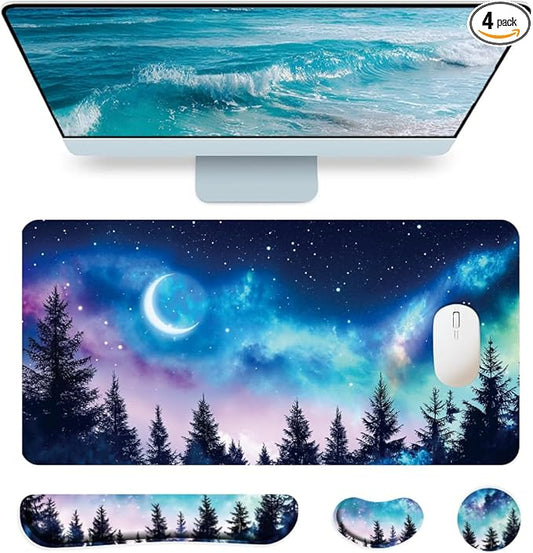 4 in 1 Large Keyboard Mouse Pad Set,Ergonomic Keyboard Wrist Rest Pad,Wrist Support Mousepad Set,Cup Coaster,Extended Desk Mat for Home Game Women Office Desk Decor Accessories(Night Sky)