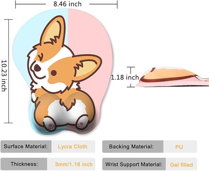 HAOCOO Cute Mouse Pad with Wrist Support Ergonomic, Anime Gel Corgi Butt Mouse Pad with Wrist Rest, Typing Pain Relief Funny Cartoon Mousepad for Gaming Kawaii Office Computer, Blue Pink Dog Animal