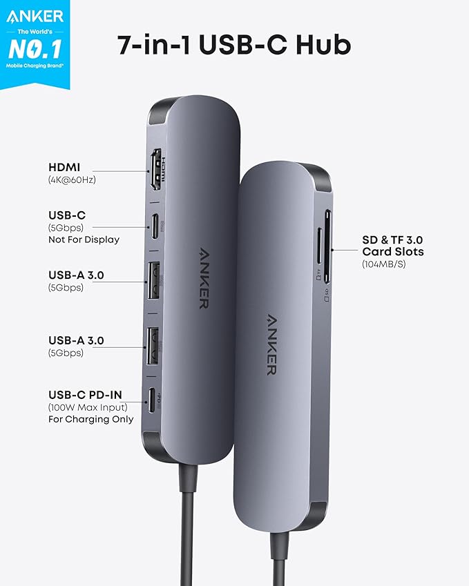 Anker USB C Hub, 7in1 Multi-Port USB Adapter for Laptop/Mac, 4K@60Hz USB C to HDMI Splitter, 85W Max PD, 2 USB 3.0 & 1 USBC Data Ports, SD/TF Card Reader, for Type C Devices (Charger Not Included)