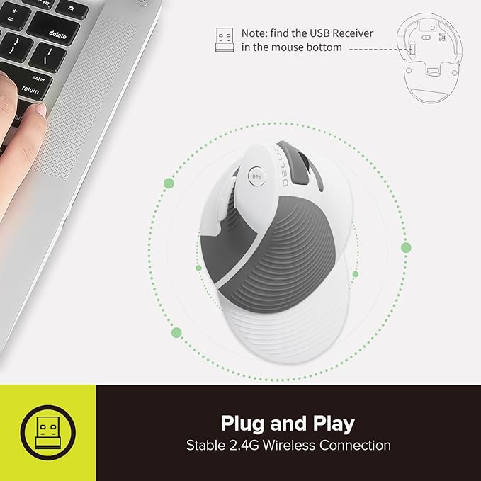 DELUX Ergonomic Vertical Mouse Wireless, Rechargeable Vertical Mouse, Bluetooth/2.4G Dual Mode, Slient Click, Removable Wrist Rest, 800/1200/1600DPI Levels, 6 Buttons, for Laptop/PC (M618G DB-White)