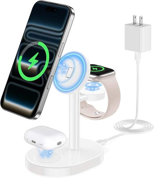 2026 3 in 1 Wireless Charging Station for Apple MagSafe Charger, 15W Fast Mag-Safe Charger Stand for iPhone 17 16 15 14 13 12 17e Apple Watch AirPods Compatible with MagSafe, White