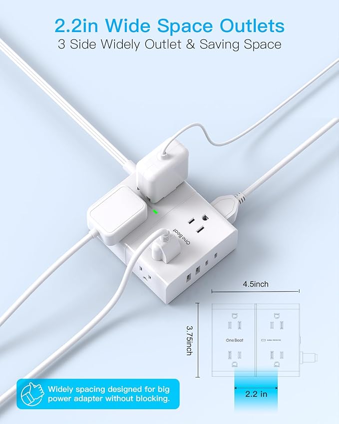 10Ft Extension Cord with Multiple Outlets, Flat Plug Surge Protector Power Strip 10 Ft Long Cord, 8 Outlets & 4 USB Ports (2 USB C), 900J Desk Charging Station for Home Office, College Dorm Essentials