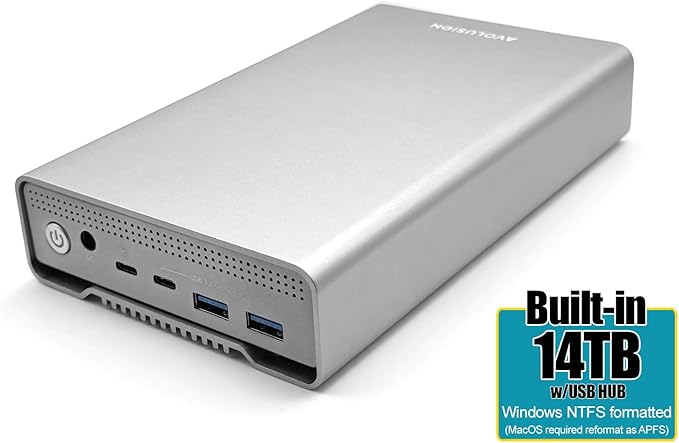 Avolusion PRO-G1 Series 14TB USB 3.2 Gen 2 (10Gbps) USB-C External Hard Drive w/USB HUB for Windows or MacOS Desktop PC/Laptop (Silver) (Renewed)