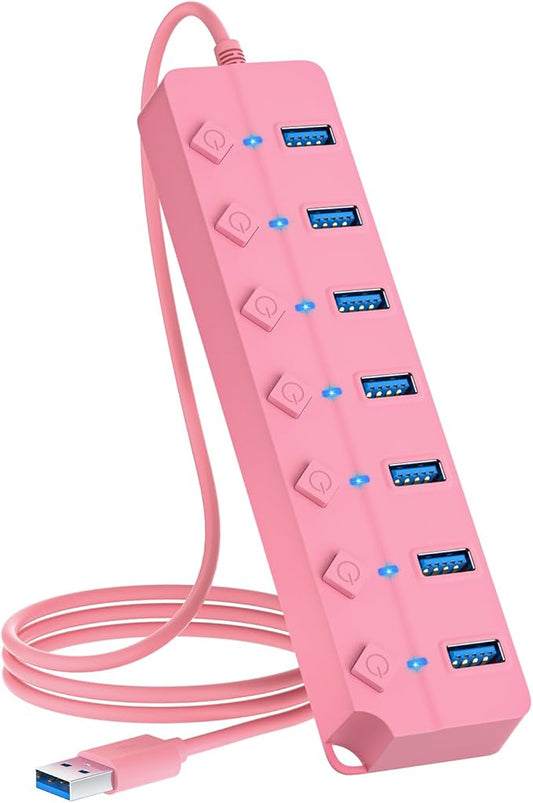 USB Hub 3.0, 7-Port USB Hub Splitter with Individual On/Off Switches and Lights, 3.2ft/1m Long Cable Compatible with MacBook, Laptop, Surface Pro, PS4, PC, Flash Drive, Mobile HDD-Pink