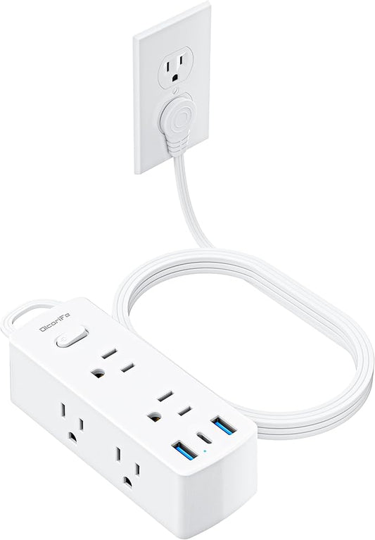 Short Extension Cord 1ft - Olcorife Flat Plug Power Strip with 6 Outlets 3 USB Ports(1 USB C), Small Outlet Extender for Travel Dorm Room Essentials, White