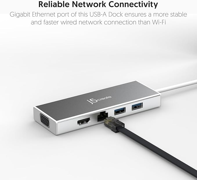 j5create USB 3.0 Hub with HDMI, VGA, RJ45 Gigabit Ethernet, 2 USB 3.1 Type-A Ports - High Speed Data Transfer Adapter for Mac, Windows, Desktop PC - Supports Up to 2K Resolution (JUD380)