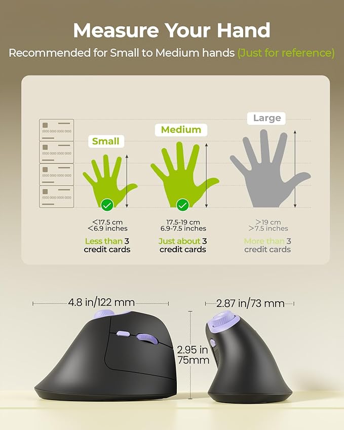 seenda Ergonomic Mouse Wireless, MOU-302 Bluetooth Vertical Mouse Rechargeable, Optical Mice with 1000/1600/2400 DPI, Volume Knob, 3 Multi-Device Connectivity for Computer/PC/Laptop/Mac, Black Purple