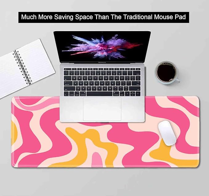 Pink Abstract Wave Desk Pads, Swirl Pattern Boho Large Gaming Mouse Pad, Extra Large Mousepad, Aesthetic Desktop Mat for Laptop Work Home Decor, Non-Slip Rubber Computer Pad, 31.5 X 11.8 in