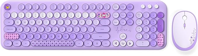 Wireless Keyboard and Mouse, SQMD Colorful Typewriter Retro Keyboard with Round Keycaps, 2.4GHz USB Full-Size Keyboard and Mouse Set for Mac PC Desktop Laptop (Purple Colorful)