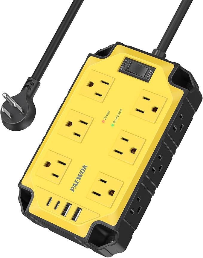 Surge Protector Power Strip 15 Amps/1200 Joules, 12 Outlets with 4 USB Ports (2 USB-C), Magnetic Heavy Duty Power Strip, 6.5 FT Extension Cord for Industrial Shop Garage (Yellow)