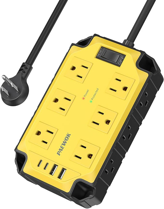 Surge Protector Power Strip 15 Amps/1200 Joules, 12 Outlets with 4 USB Ports (2 USB-C), Magnetic Heavy Duty Power Strip, 6.5 FT Extension Cord for Industrial Shop Garage (Yellow)