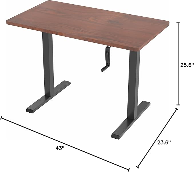 VIVO Manual Height Adjustable 43 x 24 inch Stand Up Desk, Dark Walnut Solid One-Piece Table Top, Black Frame, Standing Workstation with Foldable Handle, DESK-KIT-MB4D
