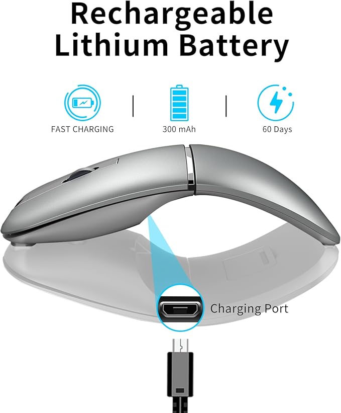Bluetooth Arc Mouse Wireless Silent Travel Mouse Rechargeable with BT & 2.4G Dual Mode, 1000/1600/2400 DPI, Slim Rotatable Portable Mobile Mice, USB Optical Computer Mice for PC Laptop Tablet -Silver