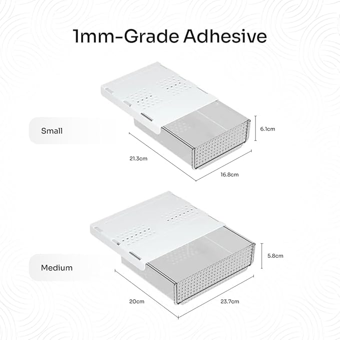 Slide and Stash Under Desk Drawers Office Organizer 2-Pack Small and Medium – Office Organization Drawer Slides Include Adhesive Tape – Easy DIY Installation for Desk Organization, Cupboard, Wardrobe