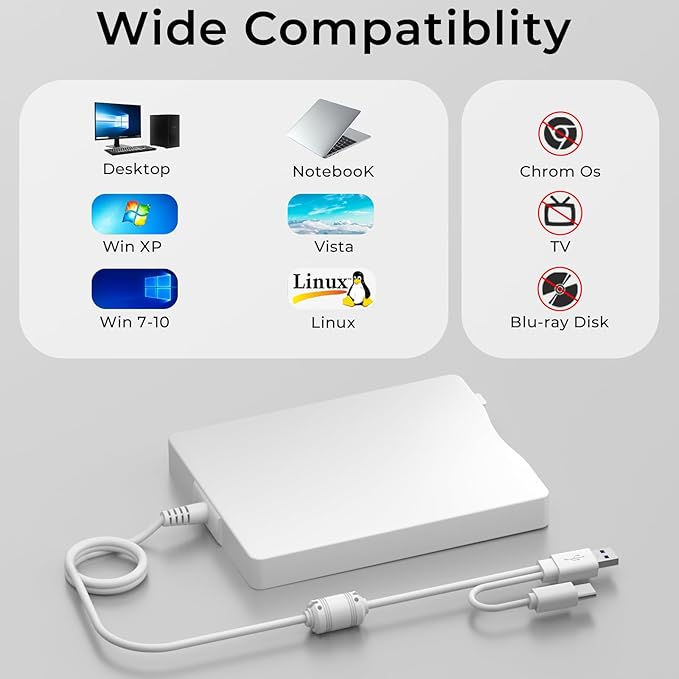 USB Floppy Drive, 3.5" External USB & Type-C Floppy Disc Reader, External Floppy Disk Drive Portable 1.44 MB Plug and Play FDD for PC Windows XP 7 8 10 11(White)