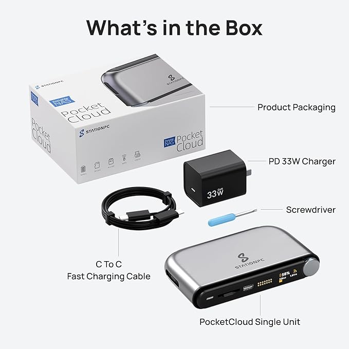 PocketCloud Portable NAS with M.2 NVMe & SD Slots, up to 8TB Capacity (Diskless), One-Click Backup,Supports Wi-Fi 6, LCD Display, App Control, 3200mAhx2 Replaceable Batteries for Outdoor Use