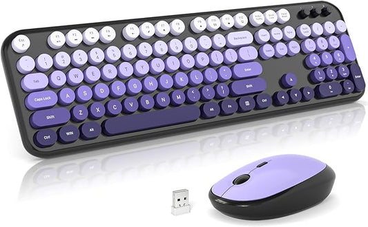 Wireless Keyboard and Mouse, Typewriter Full Size Keyboard with Number Pad and 2 in 1 USB Connected Mouse for Windows 7/8/10, Laptop, Desktop, PC, Computer (Black Purple)