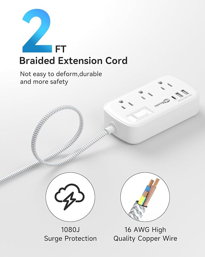 Short Extension Cord 2 Foot - Flat Plug Small Power Strip Surge Protetor with 6 Outlets 3 USB (5V/3.4A 17W) Charging Ports, Multi Plug Wall Outlet Splitter for Home Office Dorm Roomc, White