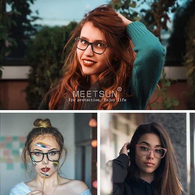 MEETSUN Blue Light Blocking Glasses, Anti Eye Strain Headache (Sleep Better),Computer Reading Glasses UV400 Transparent Lens (Black+Leopard+Pink / 3 PACK, 53)