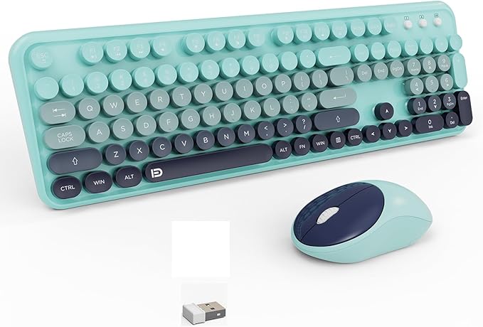 Keyboard and Mouse Wireless,2.4Ghz Retro Typewriter Style Round Keycap,Full Size Colorful Wireless Keyboard Mouse Combo,Cute Cordless Keyboard Mouse Set for PC Laptop Desktop Computer-Teal