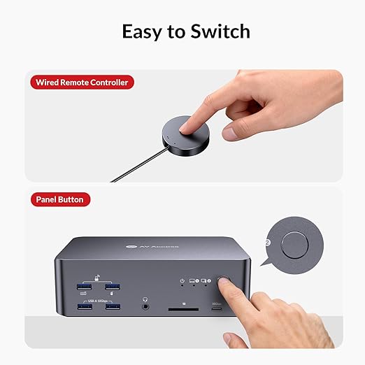 AV Access 8K KVM Switch 3 Monitors 2 Computers, Laptop + Desktop KVM Docking Station, 100W PD, GbE, 2xUSB 3.2 10Gbps USB-C Hub, SD Reader & Remote Switcher for HP, Dell, Chromebook, PC, and More