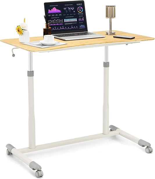 COSTWAY Mobile Height Adjustable Standing Desk, Compact Pneumatic Sit to Stand Computer Desk w/Lockable Casters, Ergonomic Rolling Laptop Table w/Steel Frame for Home Office (Natural)