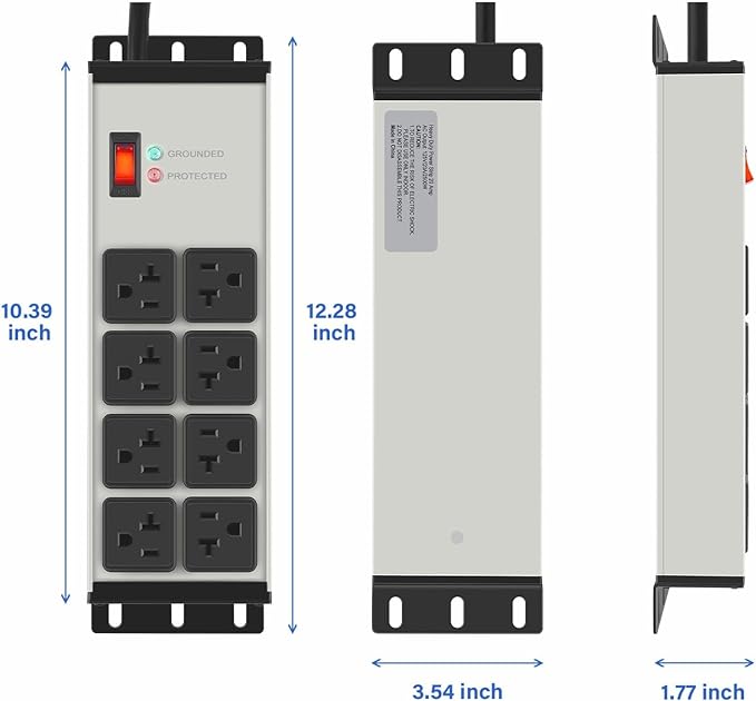 CCCEI Grey Heavy Duty Power Strip Surge Protector 20 AMP, 8 Outlets 12 Gauge Industrial Shop Garage Metal Multiple Outlets, 25 FT Extension Cord 5-15P Adapter High Amp 6-20R T-Slot 20a for Appliance