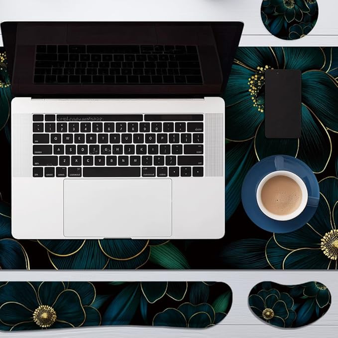 4 in 1 Large Keyboard Mouse Pad Set, Ergonomic Keyboard Wrist Rest Pad, Wrist Support Mousepad Set, Cup Coaster, Extended Desk Mat for Home Game Women Office Desk Decor (Linear Flowers)