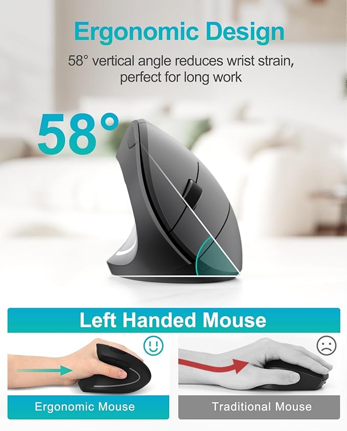 Lekvey Left Handed Ergonomic Mouse, Vertical Wireless Mouse for Left Hand, 2.4G USB Carpal Tunnel Lefty Mouse, 3 Adjustable DPI, 6 Buttons, for Laptop, PC, Computer, Mac, Windows, Desktop - Black