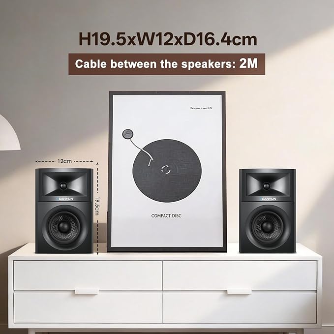 Sanyun SW203 4.0 Computer Speakers - 60W 4-Way DSP Control 3D Immersive Sound - 3" Carbon Fiber Woofer & 20mm Silk Dome Tweeter - 24bit DAC USB/Bluetooth 5.4/AUX - Studio-Grade Audio (Pair, Black)